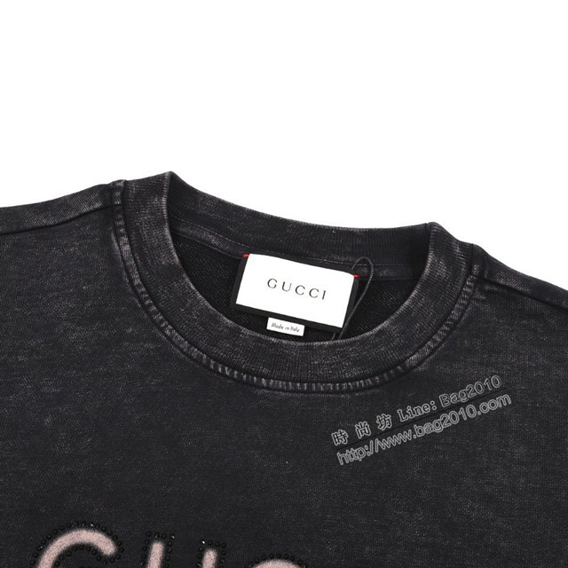 Gucci古奇專櫃古馳2023FW新款重工洗水紮染燙鑽圓領衛衣 男女同款 tzy3203